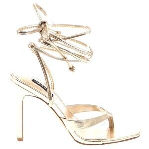 Designer Nine West Gold Metallic Faux Leather High Heel Ankle Strap Sandals 8.5M